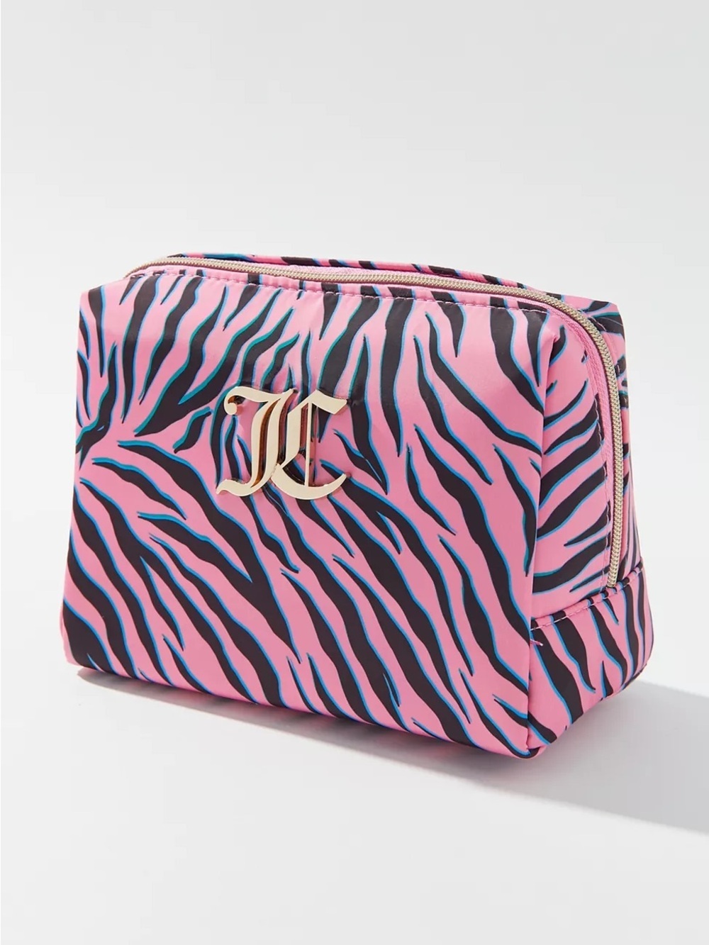 Juicy Couture Womens Puffy Pink Zebra Print Cosmetic Pouch Bag with Gold Logo